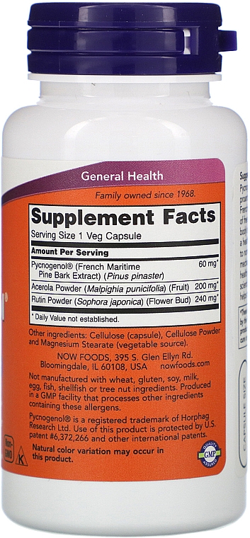 Капсули "Пікногенол", 60 мг - Now Foods Pycnogenol With Acerola & Rutin Powder — фото N2