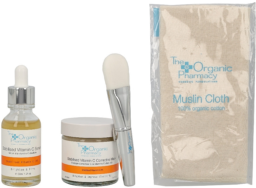 Набор для ухода за кожей лица - The Organic Pharmacy Brighten & Glow Kit (ser/30ml + mask/60ml + towel/1pcs + brush/1pcs) — фото N2
