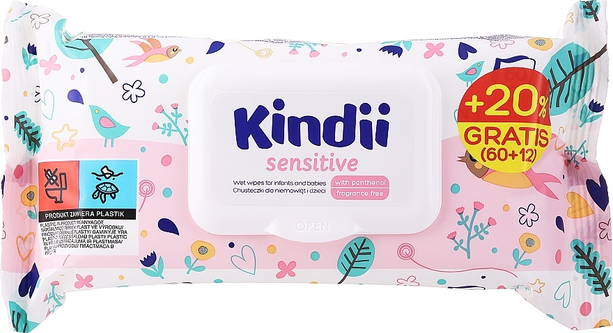 Детские влажные салфетки для чувствительной кожи, 72 шт.- Kindii Sensitive Wipes — фото N1