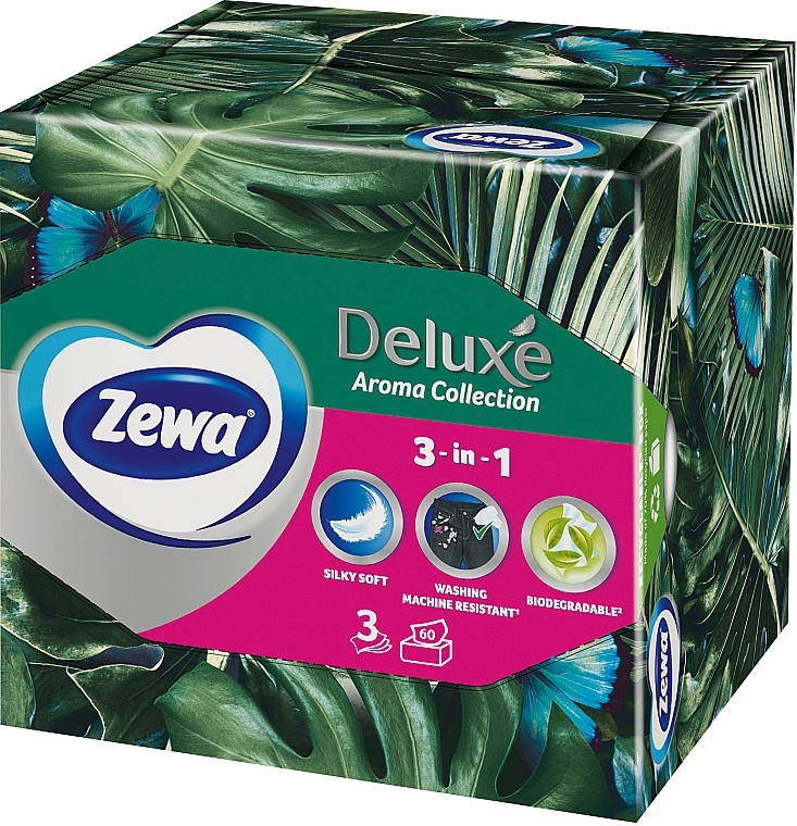 Серветки косметичні з ароматом, тришарові, зелені листя, 60 шт. - Zewa Deluxe Box Aroma Collection — фото N1