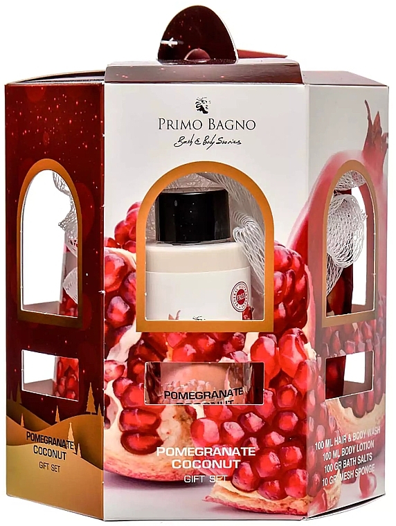 Набор - Primo Bagno Pomegranate Coconut Gift Set (b/lot/100ml + sh/gel/100ml + b/salt/100g + sponge/1pcs) — фото N1