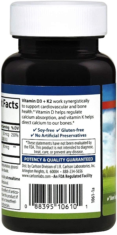 Пищевая добавка "Витамин Д3 и К2" - Carlson Labs Vitamin D3 + K2 — фото N2