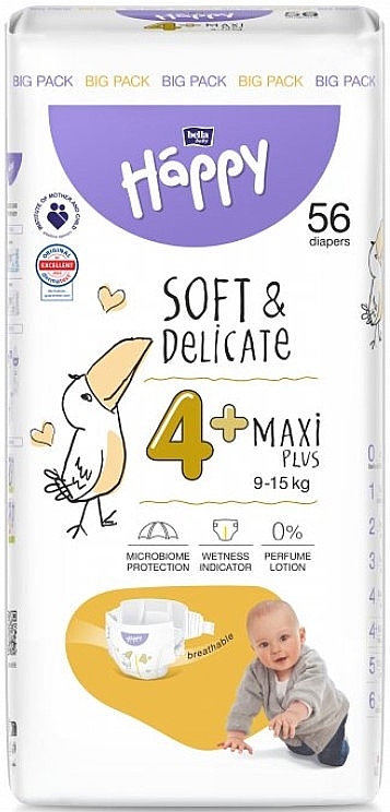  Дитячі підгузки 9-15 кг, розмір 4+ Maxi Plus, 56 шт. - Bella Baby Happy Soft & Delicate — фото N1