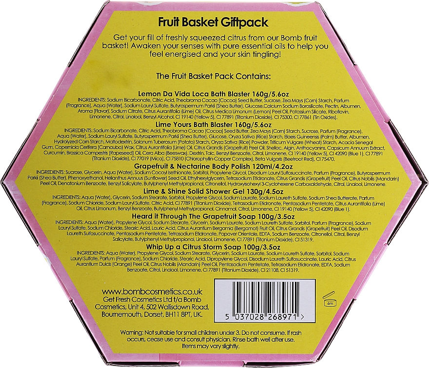 Набір - Bomb Cosmetics Fruit Basket Hexagonal Gift Box (b/bomb/2pcs + soap/2pcs + b/scr/120ml + sh/gel/120ml) — фото N2