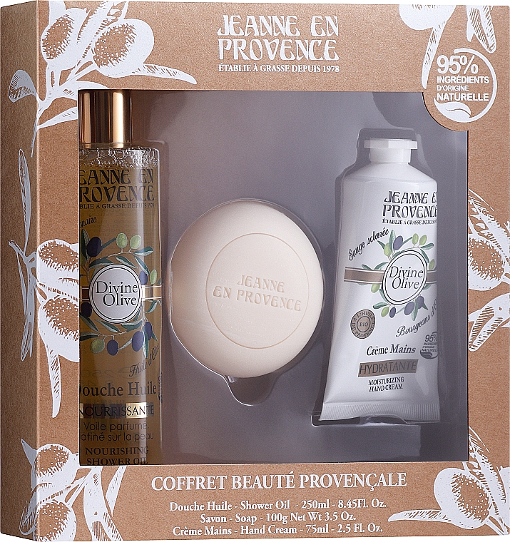 Набір - Jeanne en Provence Divine Olive (show/oil/250ml + h/cr/75ml + soap/100g) — фото N1