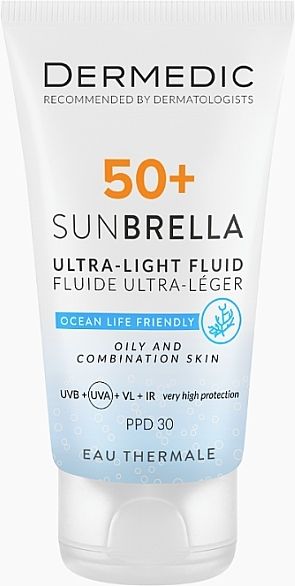 Ультралегкий захисний крем SPF 50+ для жирної та комбінованої шкіри - Dermedic 50+ Sunbrella Ultra-light Fluid — фото N1