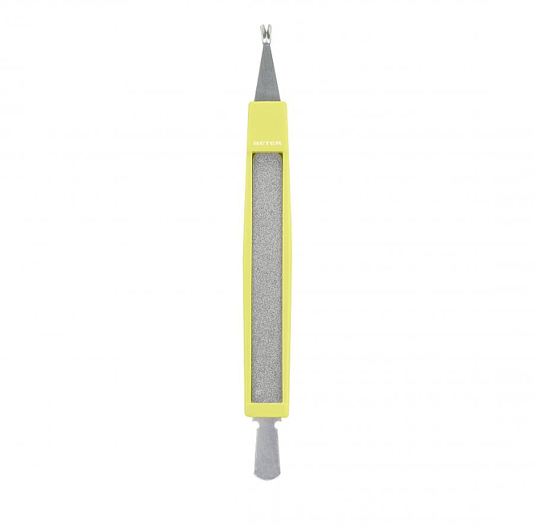 Пушер та ложечка для кутикули з пилкою 3 в 1, жовтий - Beter Cuticle Cutter With Cuticle Pusher And File — фото N1