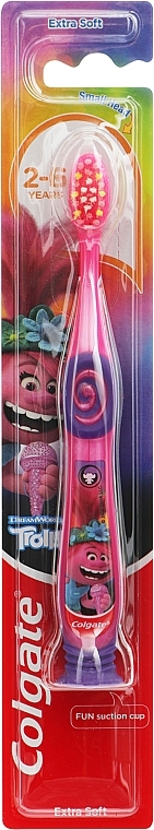 Зубна щітка дитяча для дітей від 2 до 6 років дуже м'яка, рожево-фіолетова, троль - Colgate Kids — фото N1