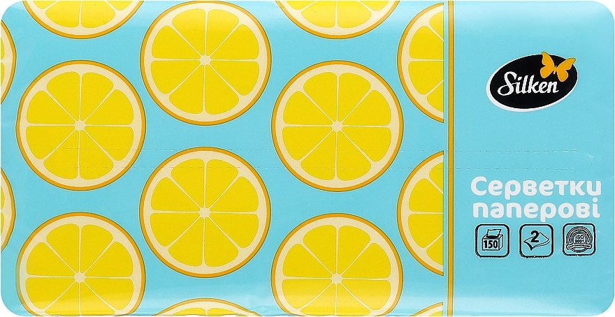 Салфетки бумажные в пленке "Лимоны", 2 слоя, 150 шт., голубые - Silken — фото N1