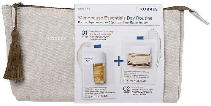 Набор - Korres White Pine Menopause Essentials Day Routine Set (d/cr/40ml + ser/15ml + bag) — фото N2