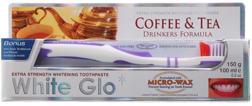 Набір "Для любителів чаю й кави", фіолетова щітка - White Glo Coffee & Tea Drinkers Formula Whitening Toothpaste (toothpaste/100ml + toothbrush) — фото N1