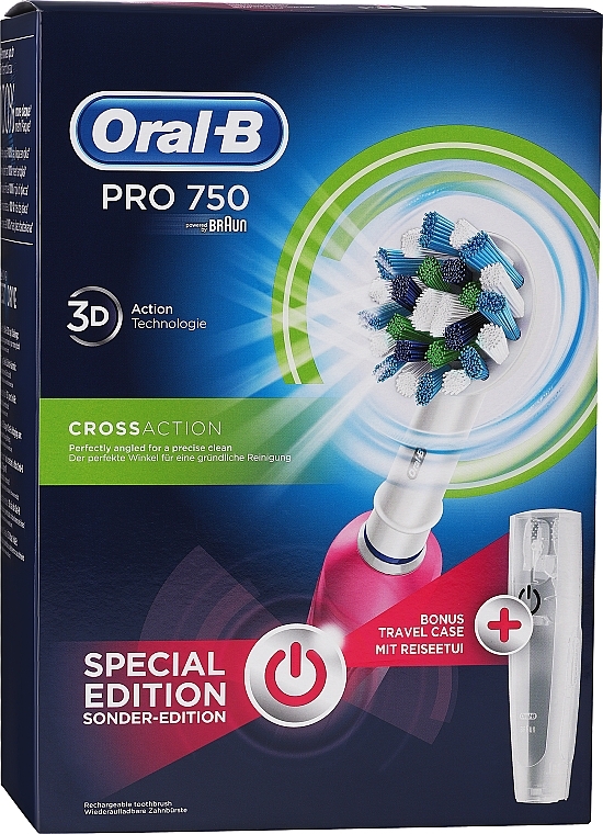 Электрическая зубная щетка с дорожным футляром, розовая - Oral-B Pro 750 Cross Action White Pink (toothbrush/1pc + case/1pc) — фото N1