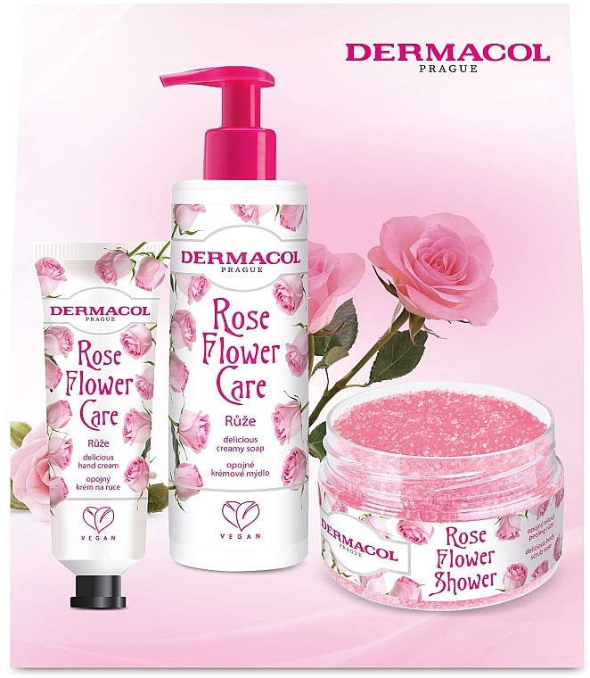 Набор - Dermacol Rose Flower Care Set (h/cr/30ml + l/soap/250ml + b/scrub/200g) — фото N1
