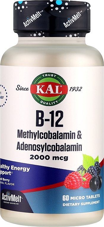 Пищевая добавка "В-12 Метилкобаламин и Аденозилкобаламин", 2000 мкг, ягодный вкус - Kal B-12 Methylcobalamin & Adenosylcobalamin 2000mcg — фото N1