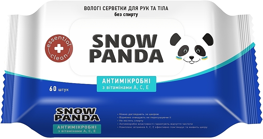 Вологі серветки для рук "Антимікробні" з вітамінами A, C, E - Сніжна Панда Essential Clean — фото N1