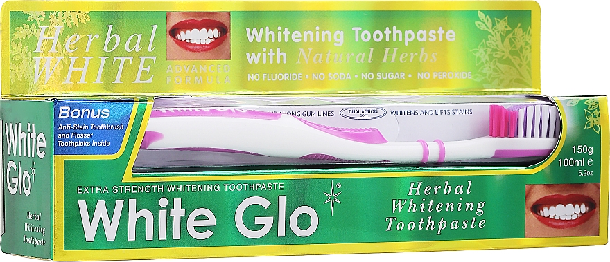Набір "Лікувальні трави" з біло-рожевою щіткою - White Glo Herbal White (t/paste/100ml + t/brush/1pc + t/picks/8pcs) — фото N1