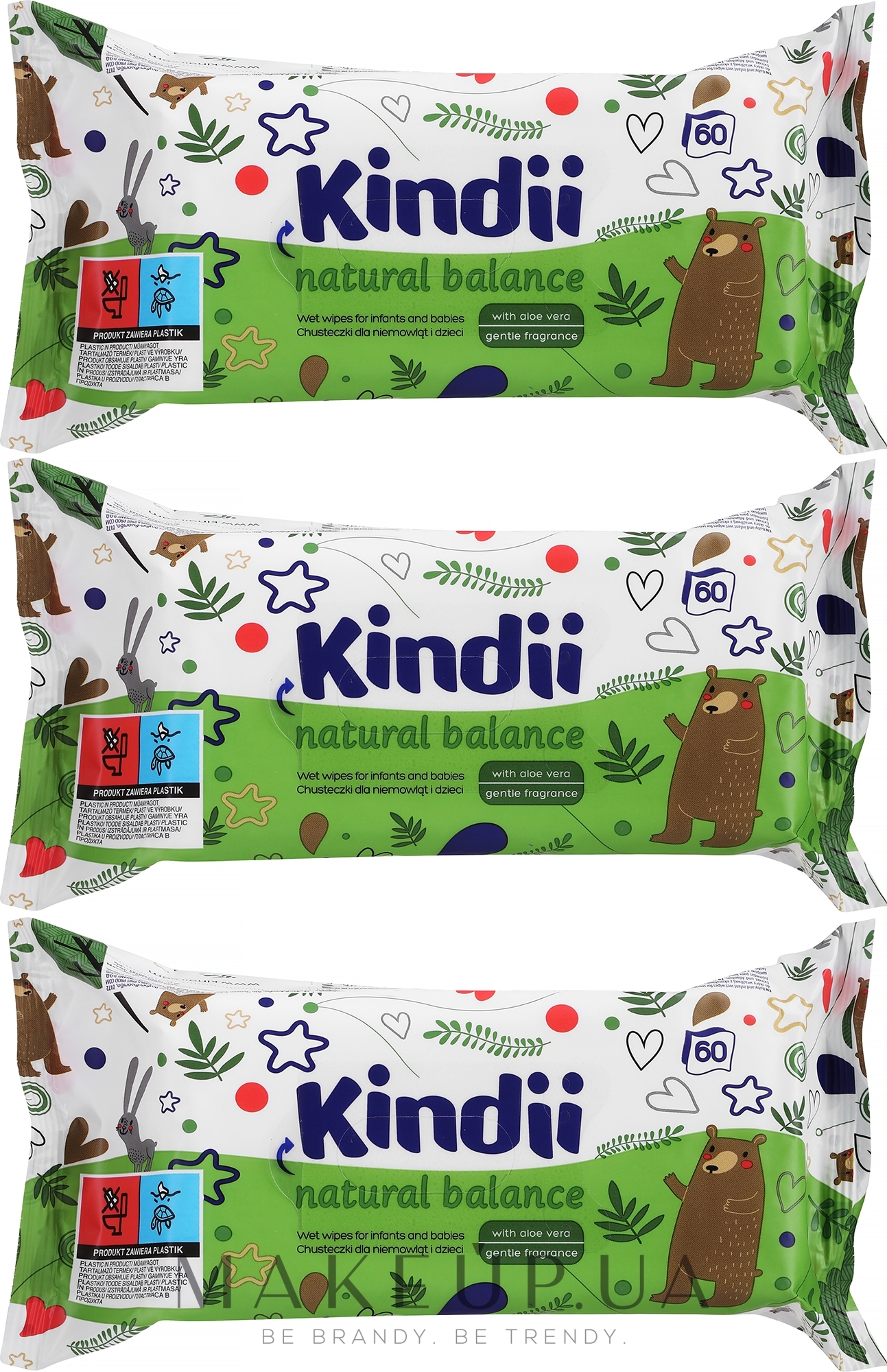 Детские влажные салфетки, 60 шт - Kindii Natural Balance Cleanic — фото 3x60шт