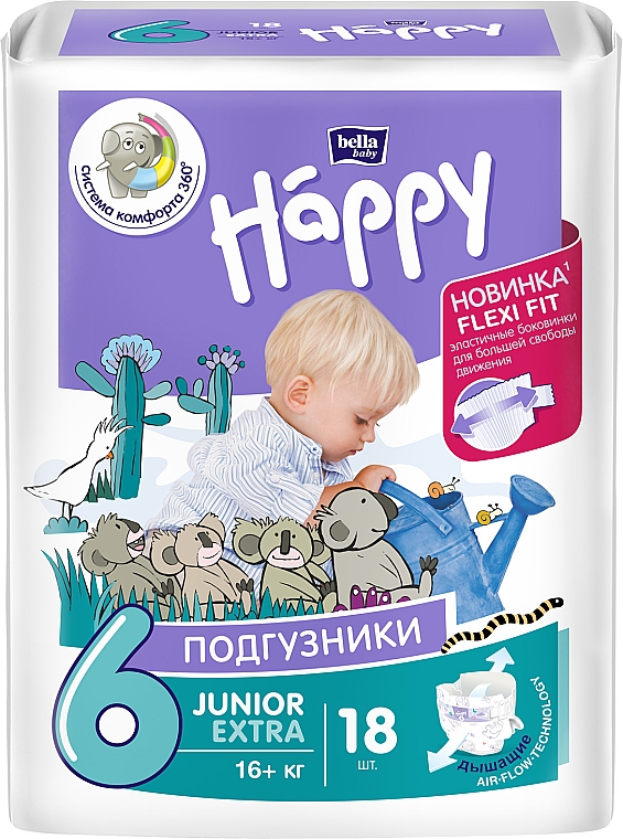 Детские подгузники "Happy" Junior Extra Flexi Fit 6 (16 + кг, 18 шт) - Bella Baby — фото N1