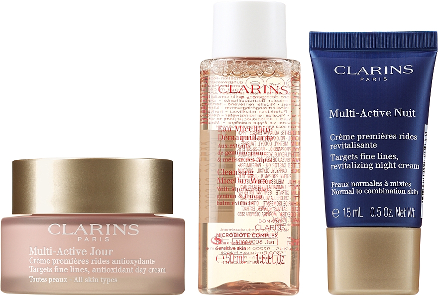 Набор - Clarins Multi-Active Set (d/cr/50ml + n/cr/15ml + micel/50ml + bag) — фото N2