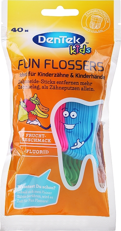 Детские зубочистки с ниткой, зеленые + голубые + розовые - DenTek Kids Fruit Fun Flossers — фото N1