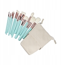 Набір з 12 бірюзових пензлів для макіяжу в білому чохлі - ILU Basic Mu Turquoise Makeup Brush Set — фото N2