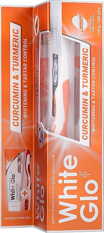 Набор с оранжевой щеткой - White Glo Curcumin & Turmeric Whitening (toothpaste/150g + toothbrush) — фото N1