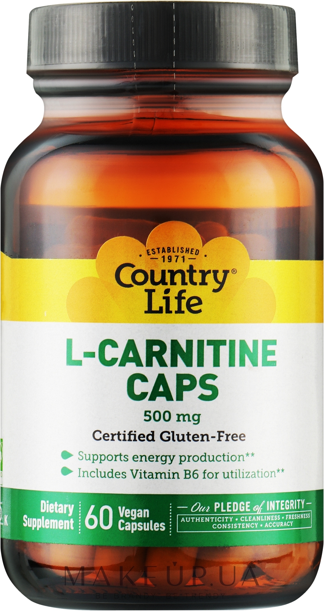 Жироспалювач "L-карнітин", 500 мг - Country Life L-Carnitine 500 mg — фото 60шт