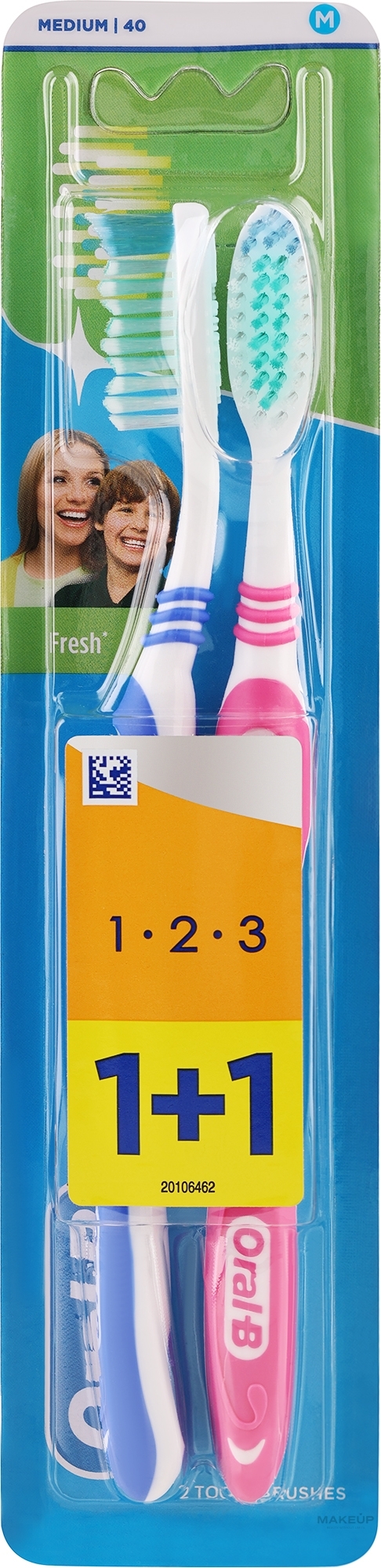 Набор зубных щеток (средняя, розовая + синяя) - Oral-B 1 2 3 Natural Fresh 40 Medium 1 + 1 — фото 2шт