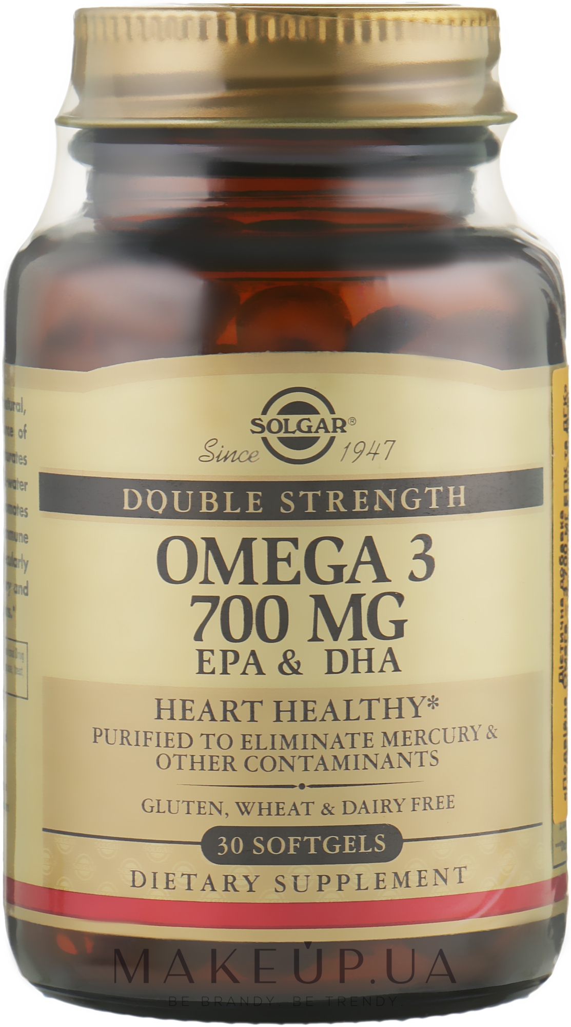 Диетическая добавка "Омега-3" 700 мг ЭПК & ДГК - Solgar Double Strength Omega-3 700 mg EPA & DHA — фото 30шт
