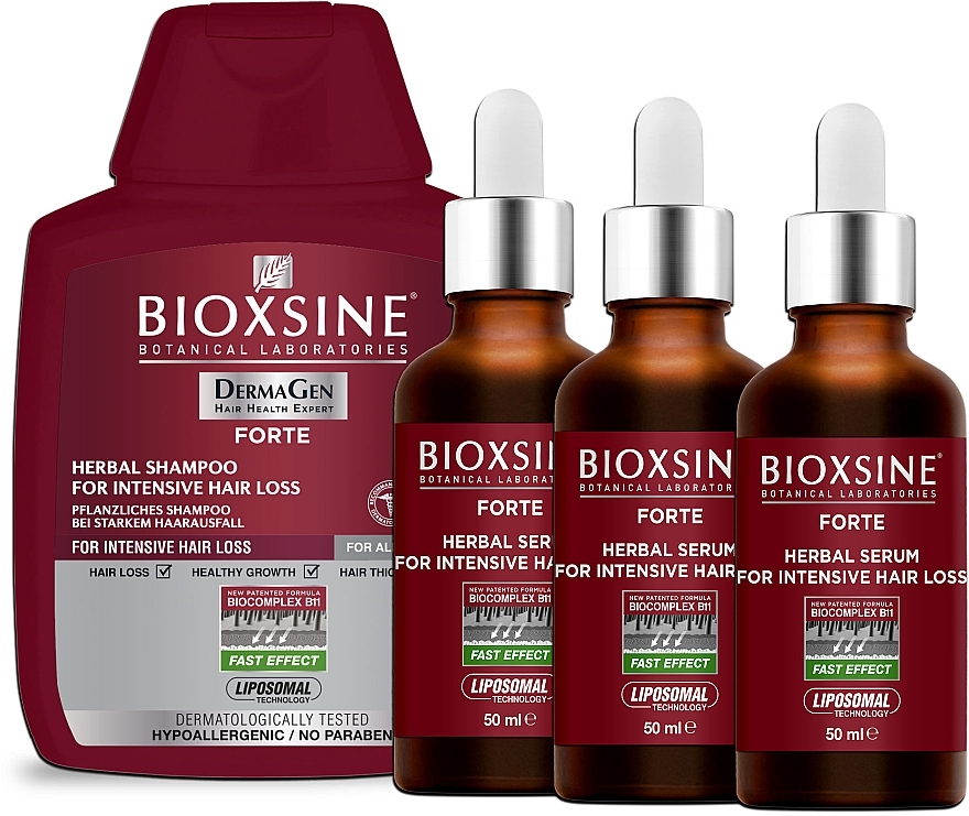 Набір від випадання волосся - Biota Bioxsine DermaGen Forte (shm/300ml + serum/3x50ml) — фото N1