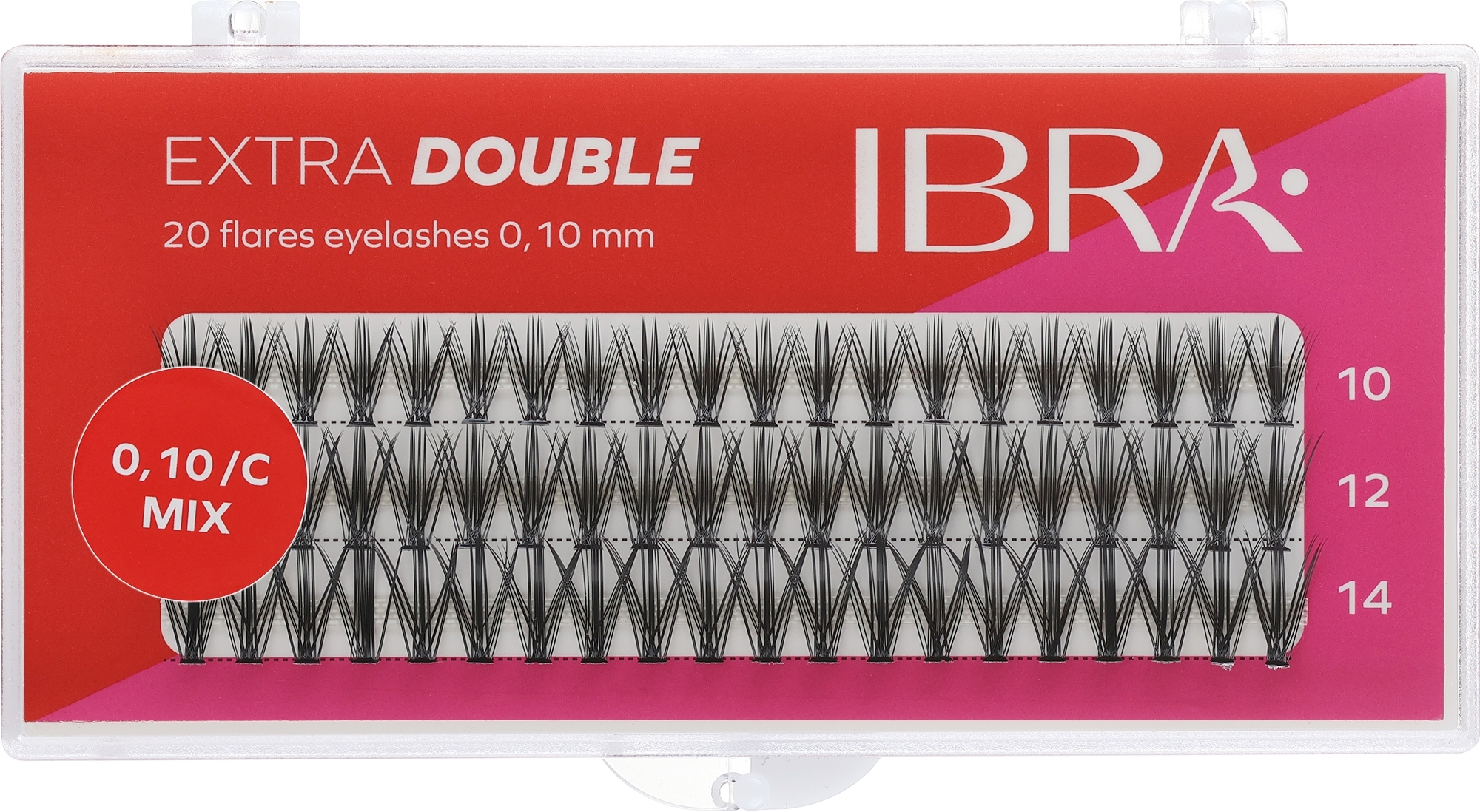 Накладные ресницы в пучках C 0,10 мм, 10/12/14 - Ibra Extra Double 20 Flares Eyelashes Mix — фото 60шт