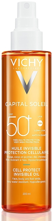 Сонцезахисна водостійка олійка для шкіри обличчя, тіла та кінчиків волосся, SPF 50+ - Vichy Capital Soleil Invisible Oil SPF 50+ — фото N1
