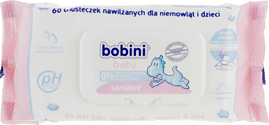 Увлажняющие салфетки для новорожденных Sensitive, 60 шт - Bobini — фото N1