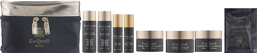 Набір - EviDenS De Beaute The Intensive Moisturizing Travel Kit (mask/10ml + mask/28ml + milk/30ml + ser/2.5ml + lot/30ml + cr/10ml + mask/10ml + eye/ser/2/5ml + bag)