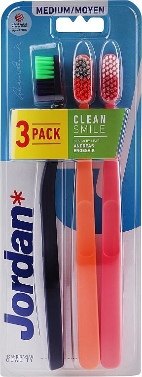 Зубная щетка средняя, 3 шт (черная, оранжевая, розовая) - Jordan Clean Smile Medium