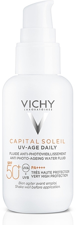 Солнцезащитный невесомый флюид против признаков фотостарения кожи лица, SPF 50+ - Vichy Capital Soleil UV-Age Daily — фото N1