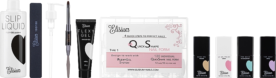 Набор для маникюра - Elisium (bond/primer/9g + base/gel/9g + top/coat/9g + nail/gel/25g + liquid/flexy/gel/300ml + nailfile + gel/brush + gel/polish/9g + tips) — фото N1