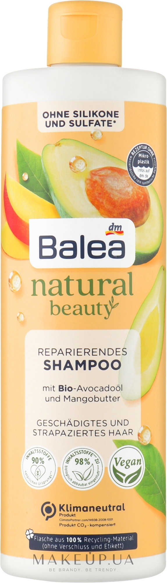 Шампунь для волосся з органічною олією авокадо та олією манго - Balea Natural Beauty Repairing Shampoo Organic Avocado Oil And Mango Butter — фото 400ml