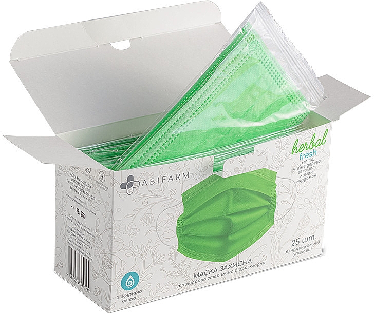 Защитная маска ароматическая, с эфирными маслами, 3-слойная, стерильная, зеленая - Abifarm Herbal Fresh — фото N2