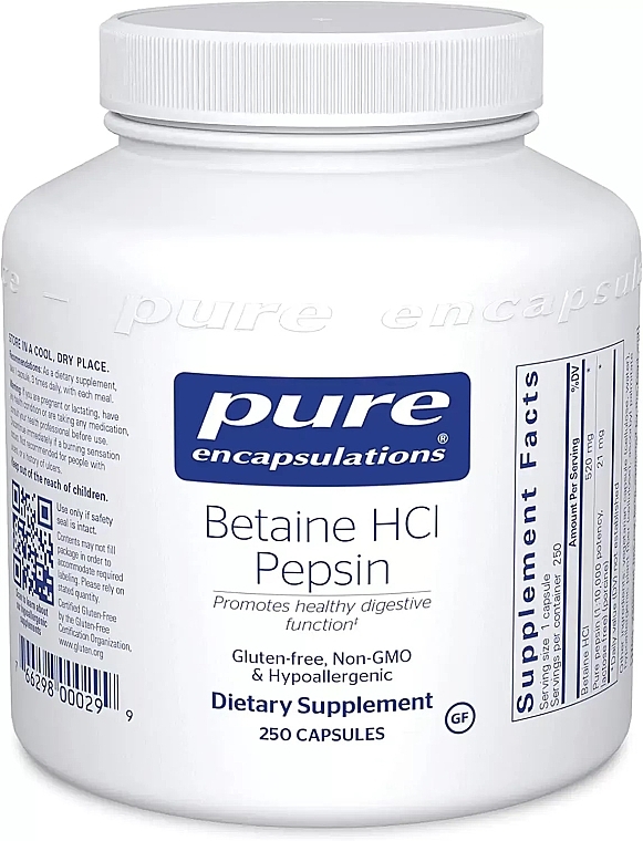 Диетическая добавка "Бетаина гидрохлорид + пепсин" - Pure Encapsulations Betaine HCL/Pepsin — фото N1