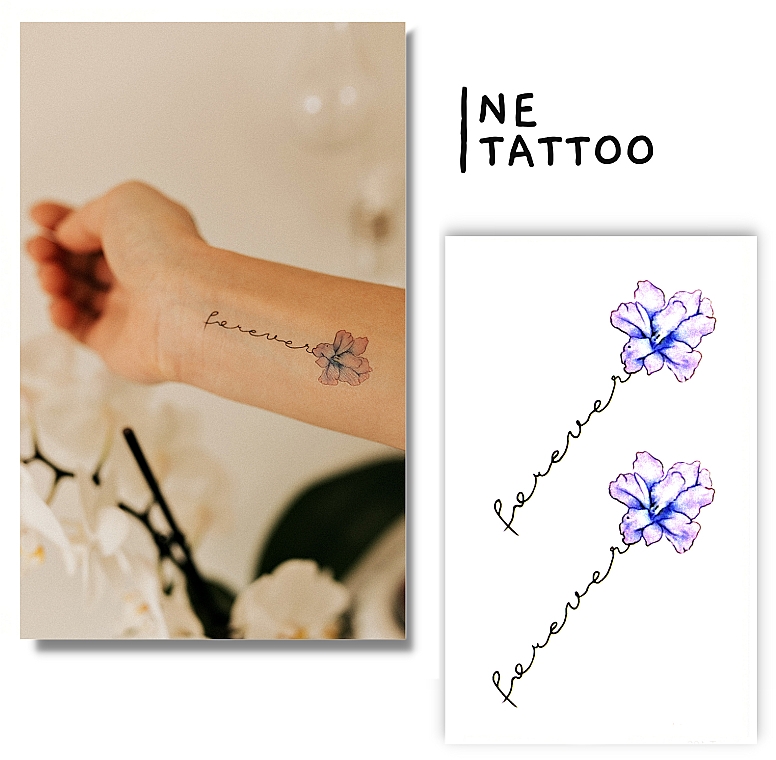 Временное тату «Лиловые цветы с надписью» - Ne Tattoo