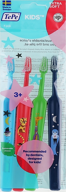 Зубные щетки для детей, салатовая + красная + голубая + синяя - TePe Kids Extra Soft — фото N1
